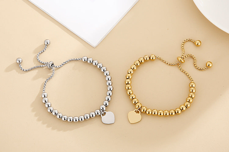 Adjustable Bubble Bracelet with Single Heart Charm in Titanium Steel - 18K Gold Plated