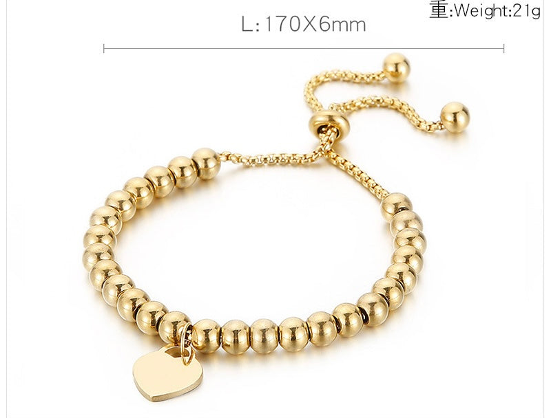 Adjustable Bubble Bracelet with Single Heart Charm in Titanium Steel - 18K Gold Plated