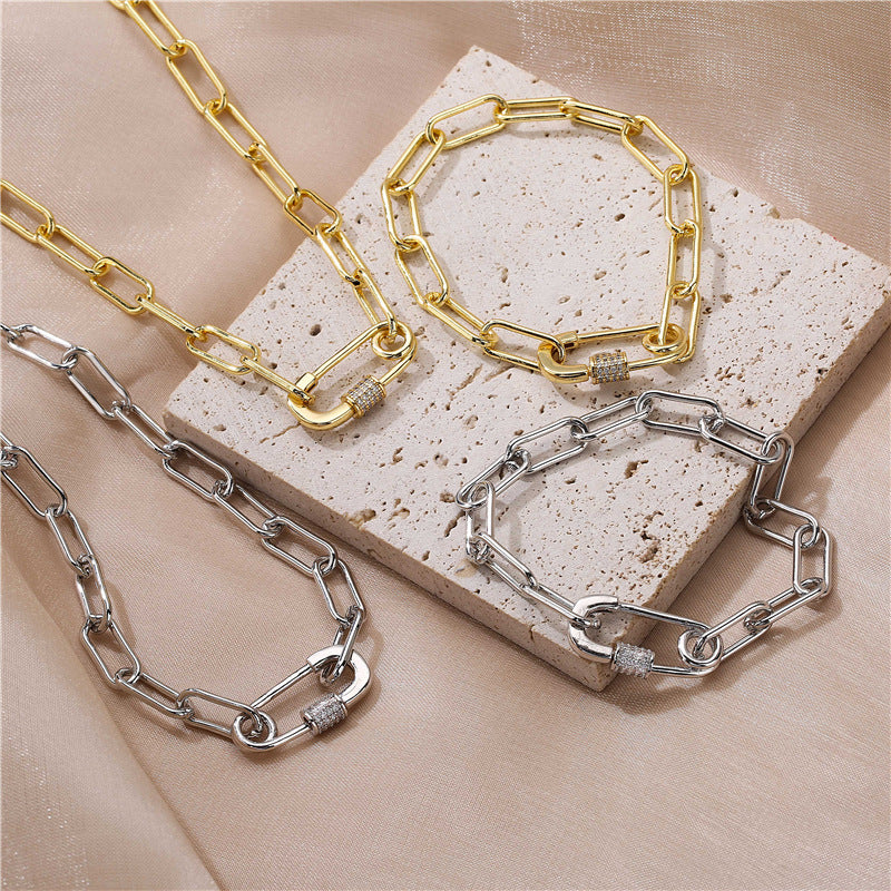 Geometric Pin Lock Pendant Chunky Chain Necklace or Bracelet